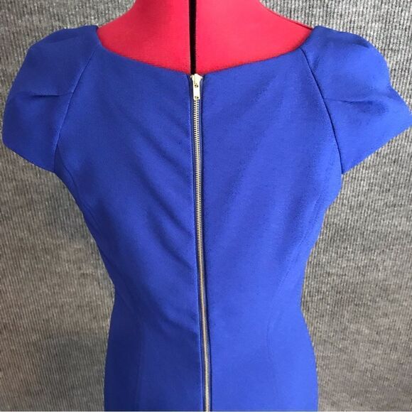 Tahari ASL Dress Women Size 4P Royal Blue Cap Sleeves Exposed Back Zipper Sheath - Picture 6 of 9
